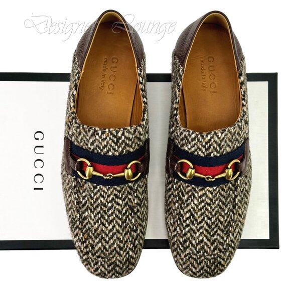 NEW GUCCI Horsebit Herringbone Tweed & Leather Loafers G 8 / US 8.5 Authentic - Picture 3 of 10